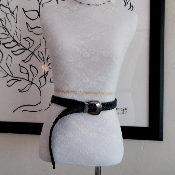 Vintage black woven unisex leather belt with silver engraved brass buckle - 38" - Picture 1 of 6